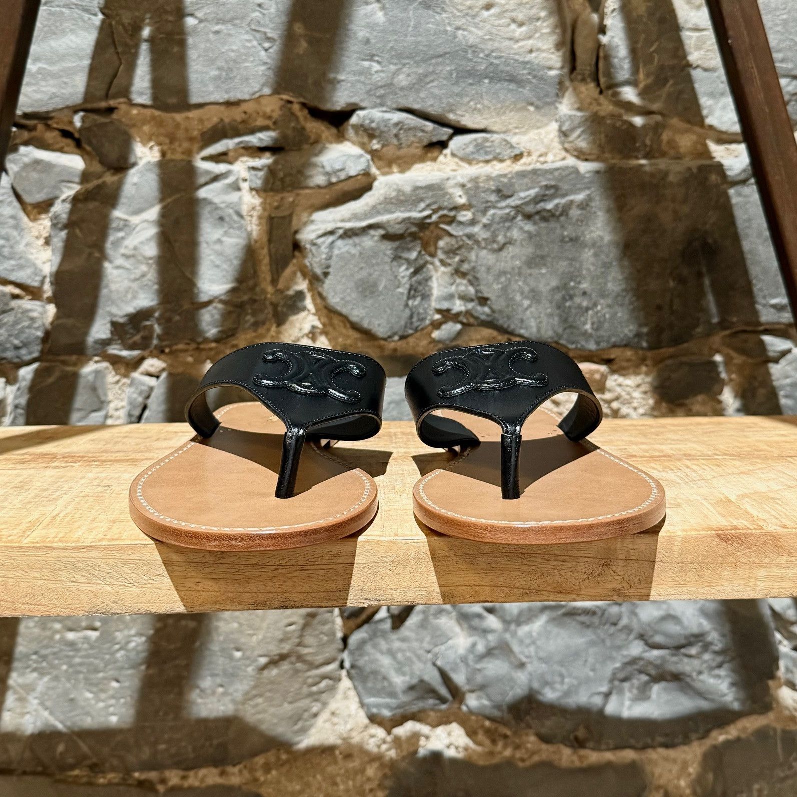 Celine Celine Black Leather Triomphe Logo Lympia Thong Sandals Size US 9 / IT 39 - 2 Thumbnail