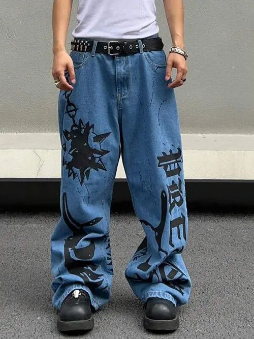 Japanese Brand Graphic Wide Leg Jeans Drip Size US 35 - 2 Thumbnail