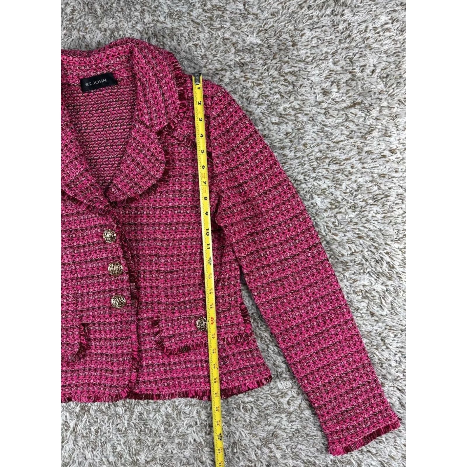 St. John St. John Collection Blazer Jacket Sz S Pink Bouclé Knit Fringe Trim Gold Buttons Women Size S / US 4 / IT 40 - 5 Thumbnail