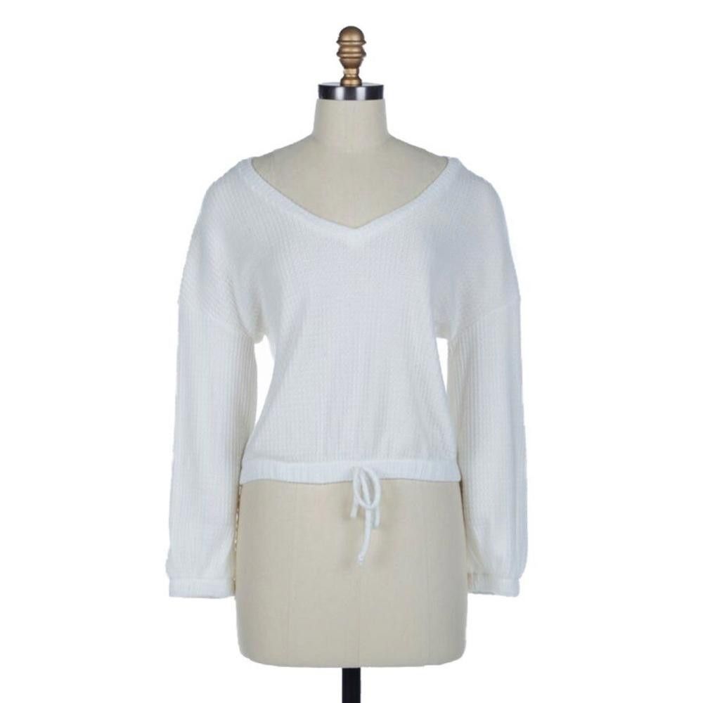 Designer Cozy White Waffle Knit Cropped Sweater with Drawstring Size XS / US 0-2 / IT 36-38 - 1 Preview