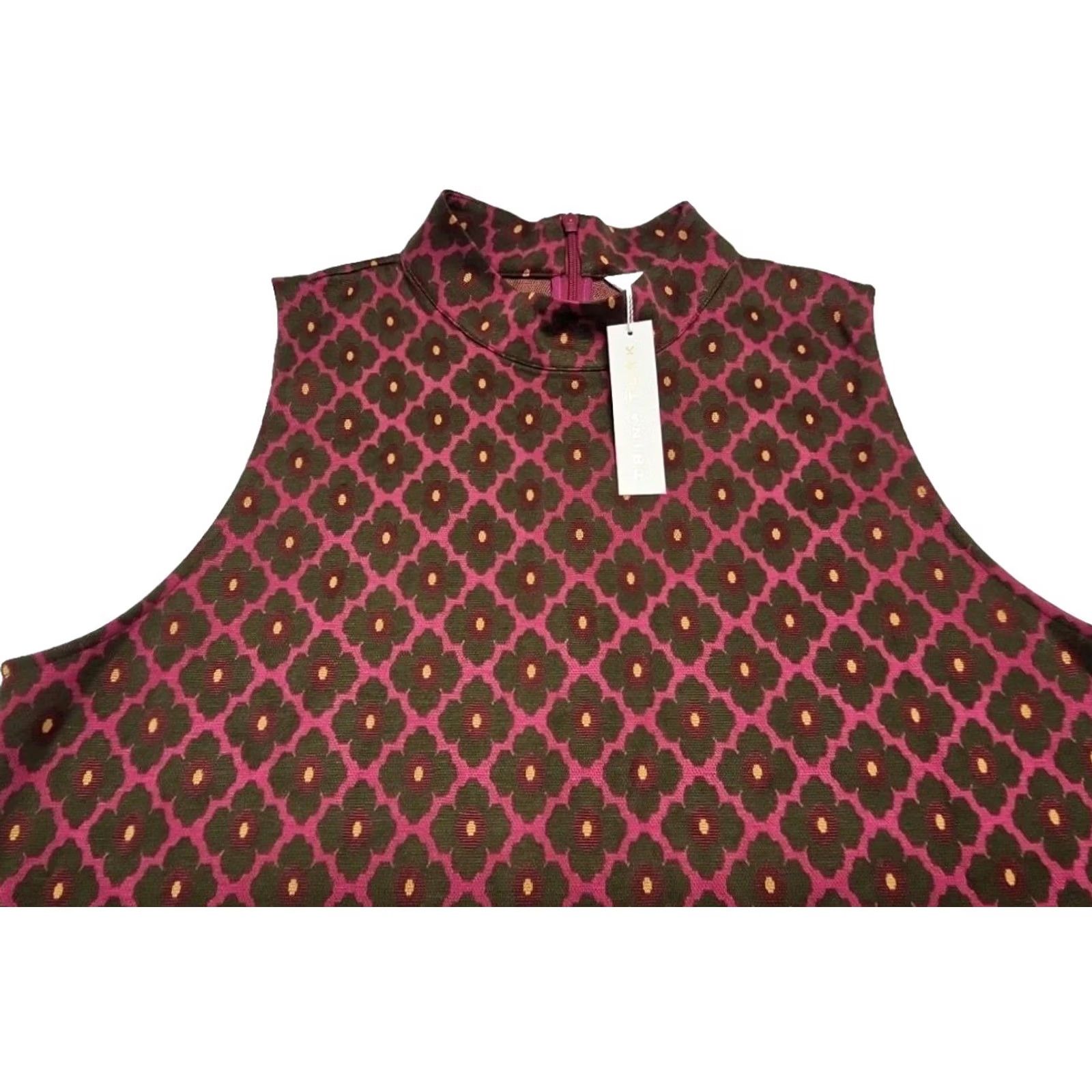 Trina Turk Trina Turk Dress Mini Shift Sleeveless Mock Neck Geometric Retro Burgundy Pink NWT XL Womens Subcategory: Dress Size XL / US 12-14 / IT 48-50 - 3 Thumbnail