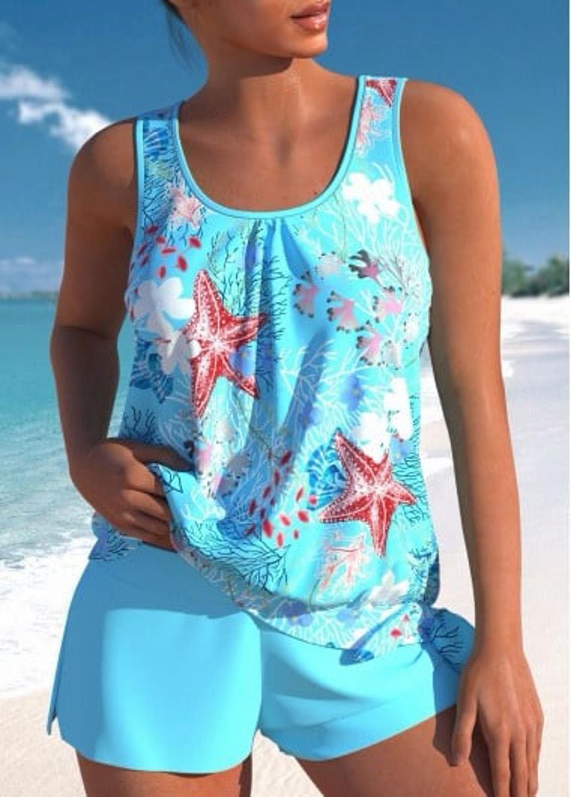 Other Sky Blue Marine Life Print Tie Tankini Size 1X Size ONE SIZE - 1 Thumbnail