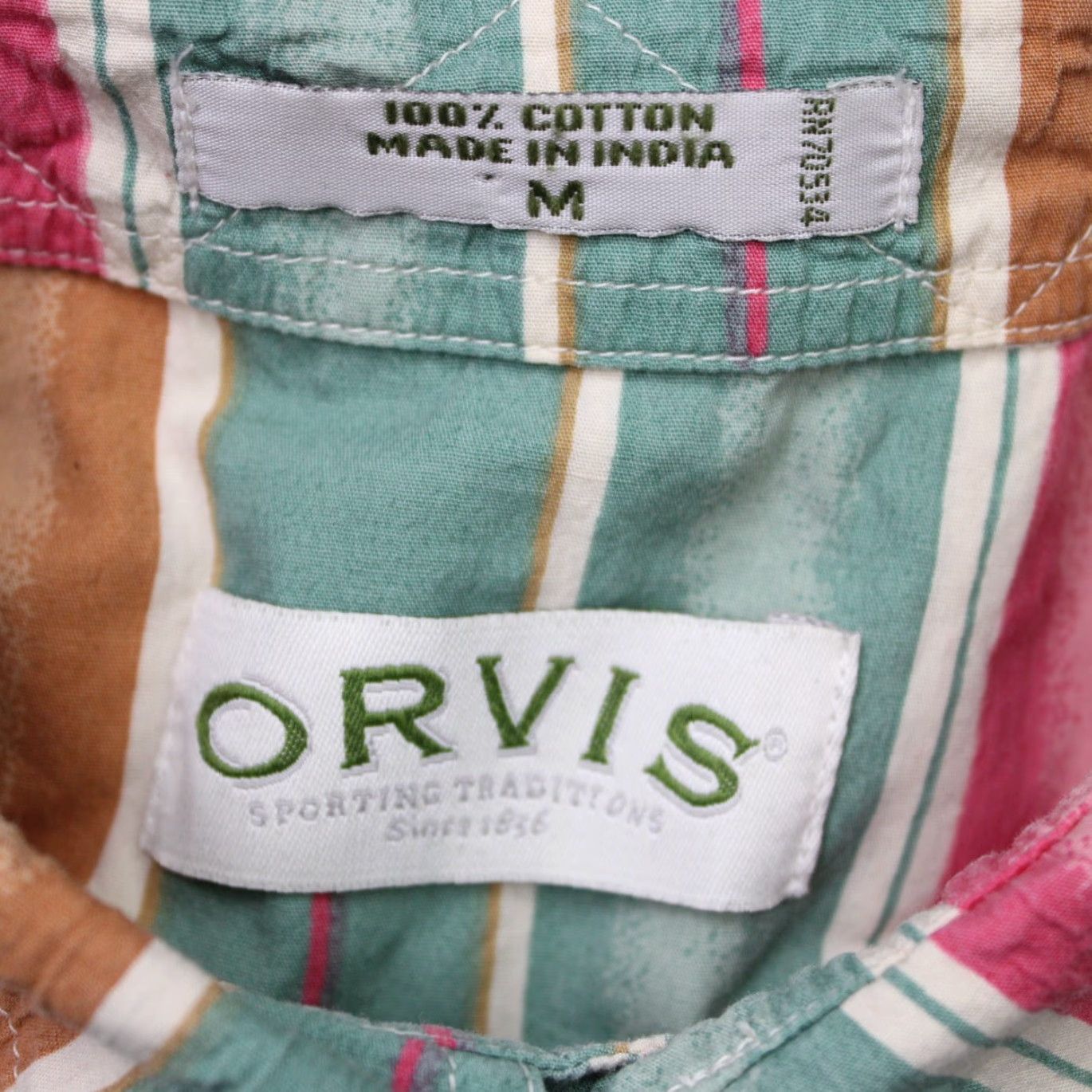 Orvis Orvis Shirt Mens Medium Green/Pink Striped 100% Cotton Short Sleeve Button-Up Shirt Size US M / EU 48-50 / 2 - 5 Thumbnail