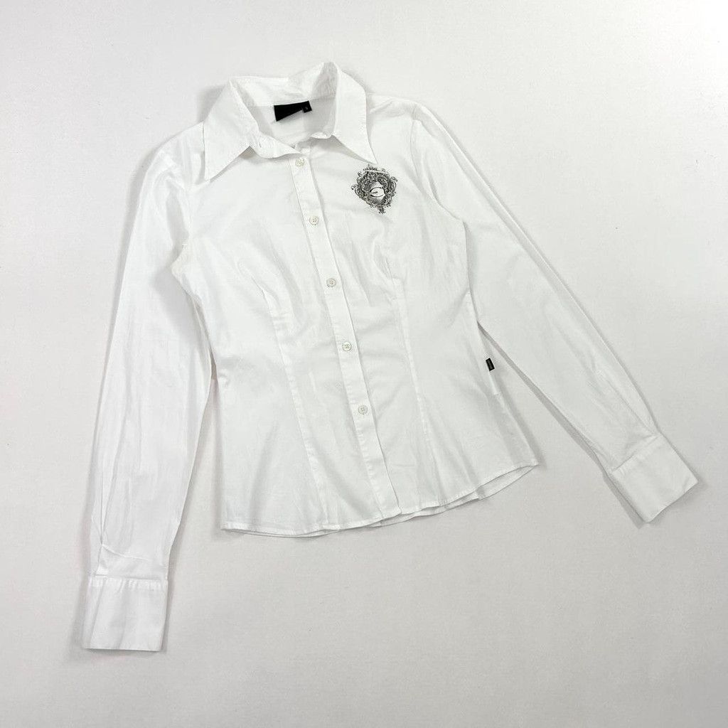 vintage Cavalli white button up long sleeve top crest logo