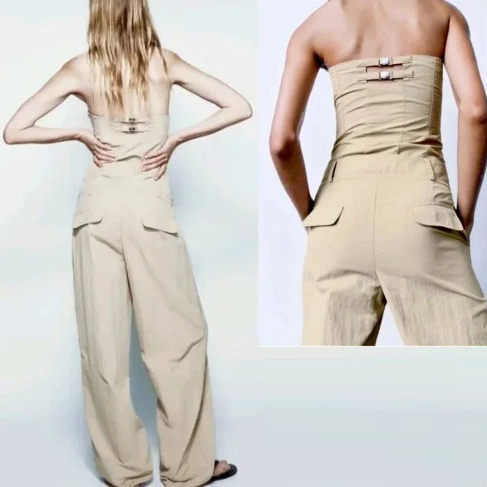 Zara New Zara Strapless Beige Straight Leg Jumpsuit 2712/224 Siz Size 32" / US 10 / IT 46 - 2 Thumbnail