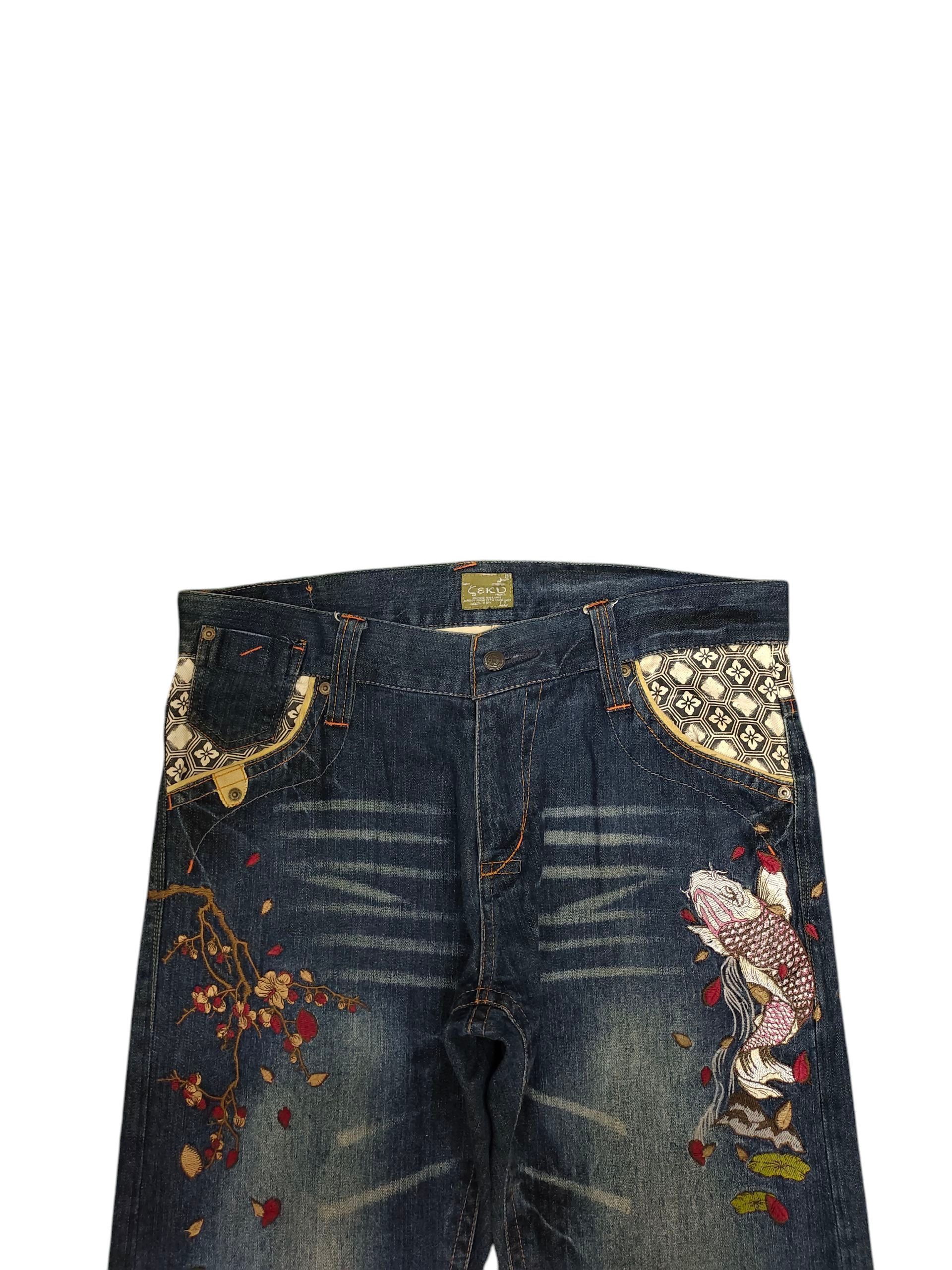 Karakuri Tamashii Vintage Seku Sukajan Koi Embroidered Denim Jeans Karakuri Size US 35 - 2 Thumbnail