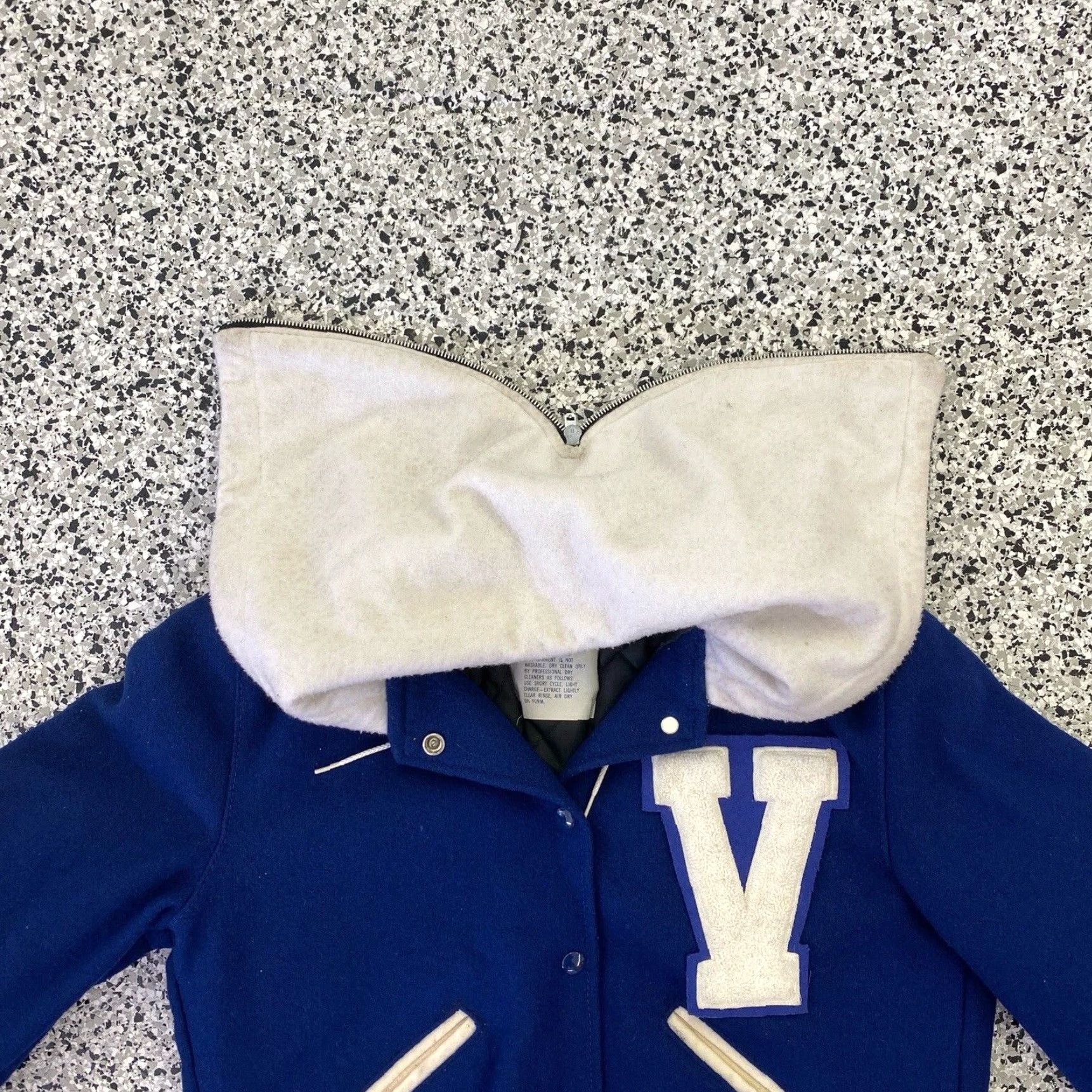 Vintage VINTAGE DeLong Wool Letterman Varsity Jacket Blue Split Hood 36 Unisex Adults Regular Size Jacket Size US XXS / EU 40 - 6 Thumbnail