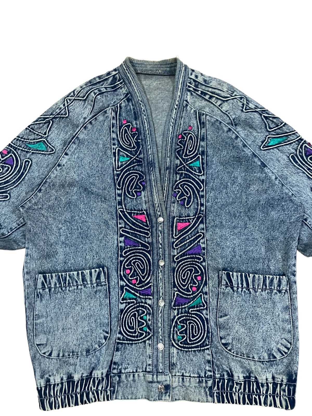 Japanese Brand Vintage Memphis Art Retro Neon Abstract Style Denim Cardigan Size L / US 10 / IT 46 - 2 Thumbnail
