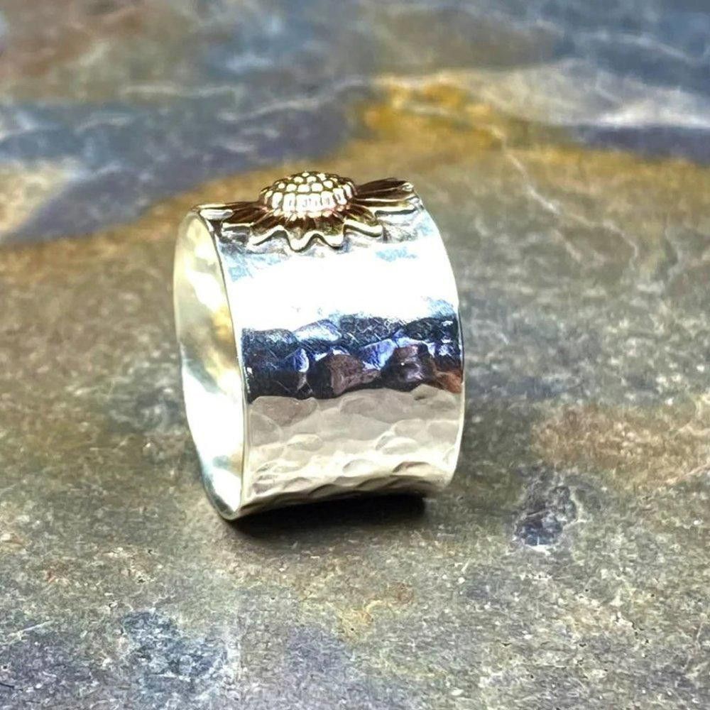 Designer Vintage Carved Yellow Sunflower Silver Flower Ring - Size 7 Size ONE SIZE - 4 Thumbnail