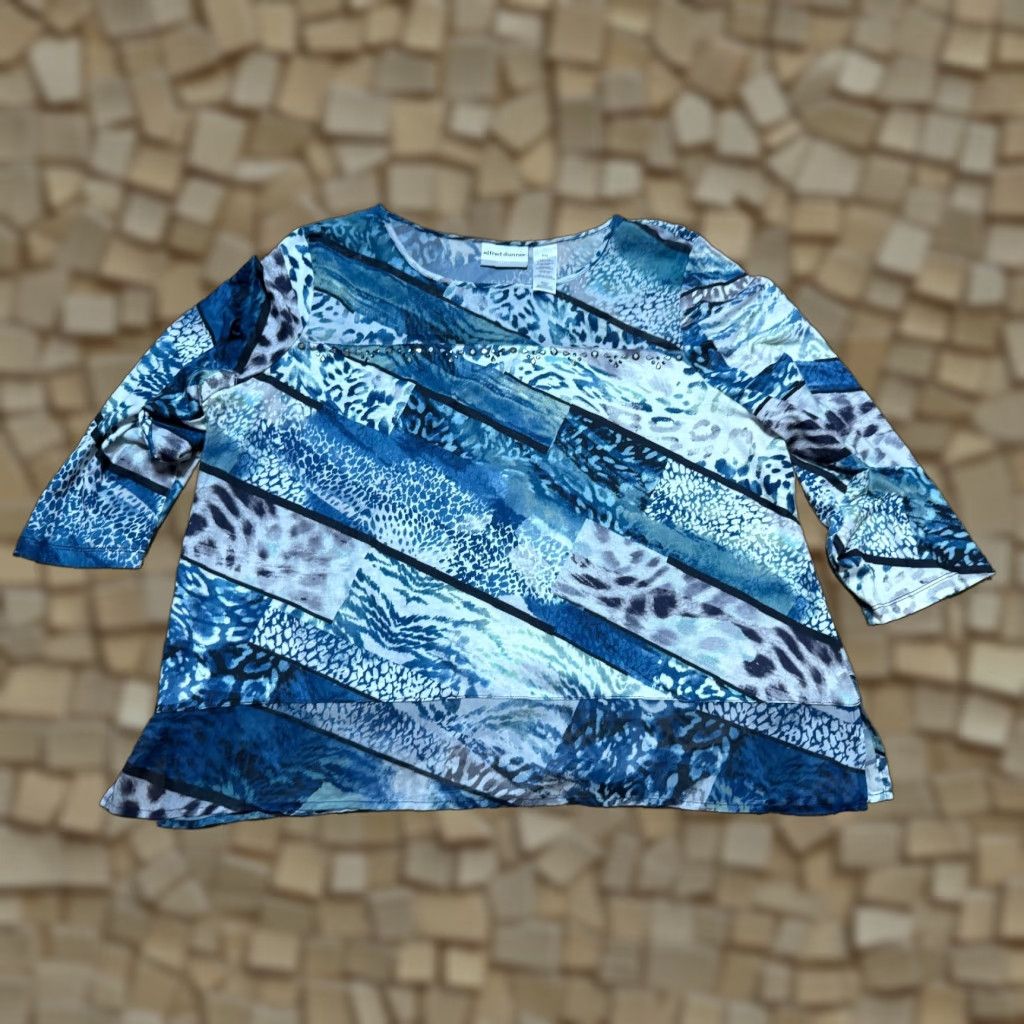 Vintage Alfred Dunner Blouse Women's XL Petite Long Sleeve Green Blue White Black Gems Size XL / US 12-14 / IT 48-50 - 1 Thumbnail