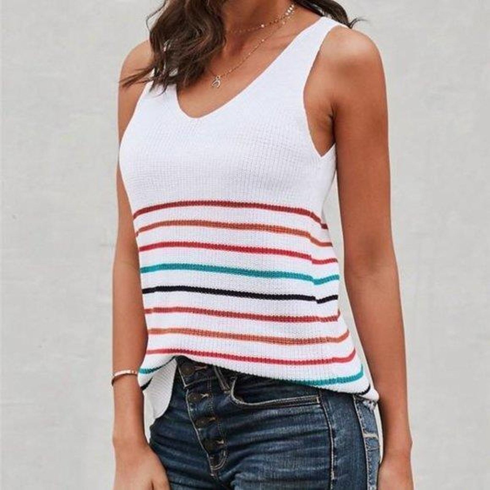 Other NEW White Multi Colored Stripe V-Neck Sleeveless Sweater Size S / US 4 / IT 40 - 2 Thumbnail