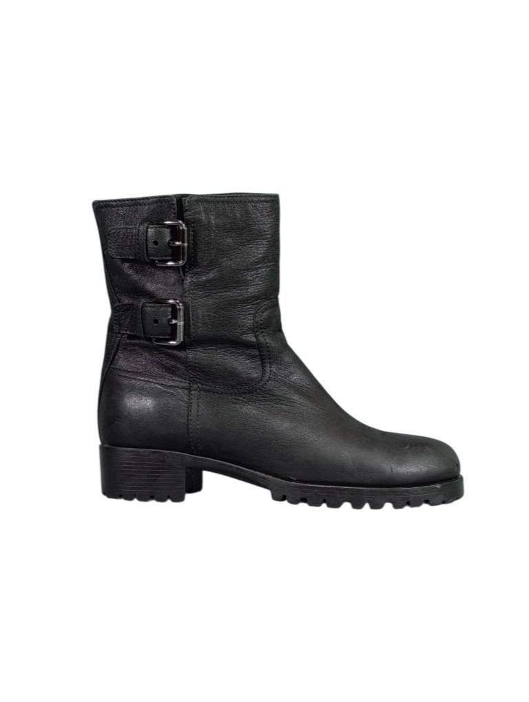 Prada black leather biker boots buckle high