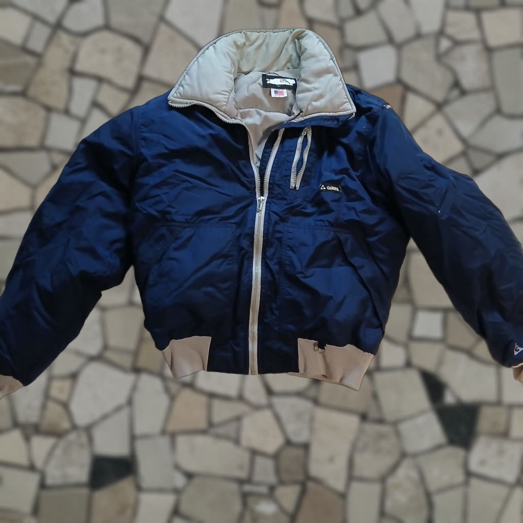 VINTAGE Gerry Jacket Men Large L Blue Bomber Jacket Stand-Up Collar Full Zip Nylon Shell Mid-Length Solid Blue Outdoor 80s