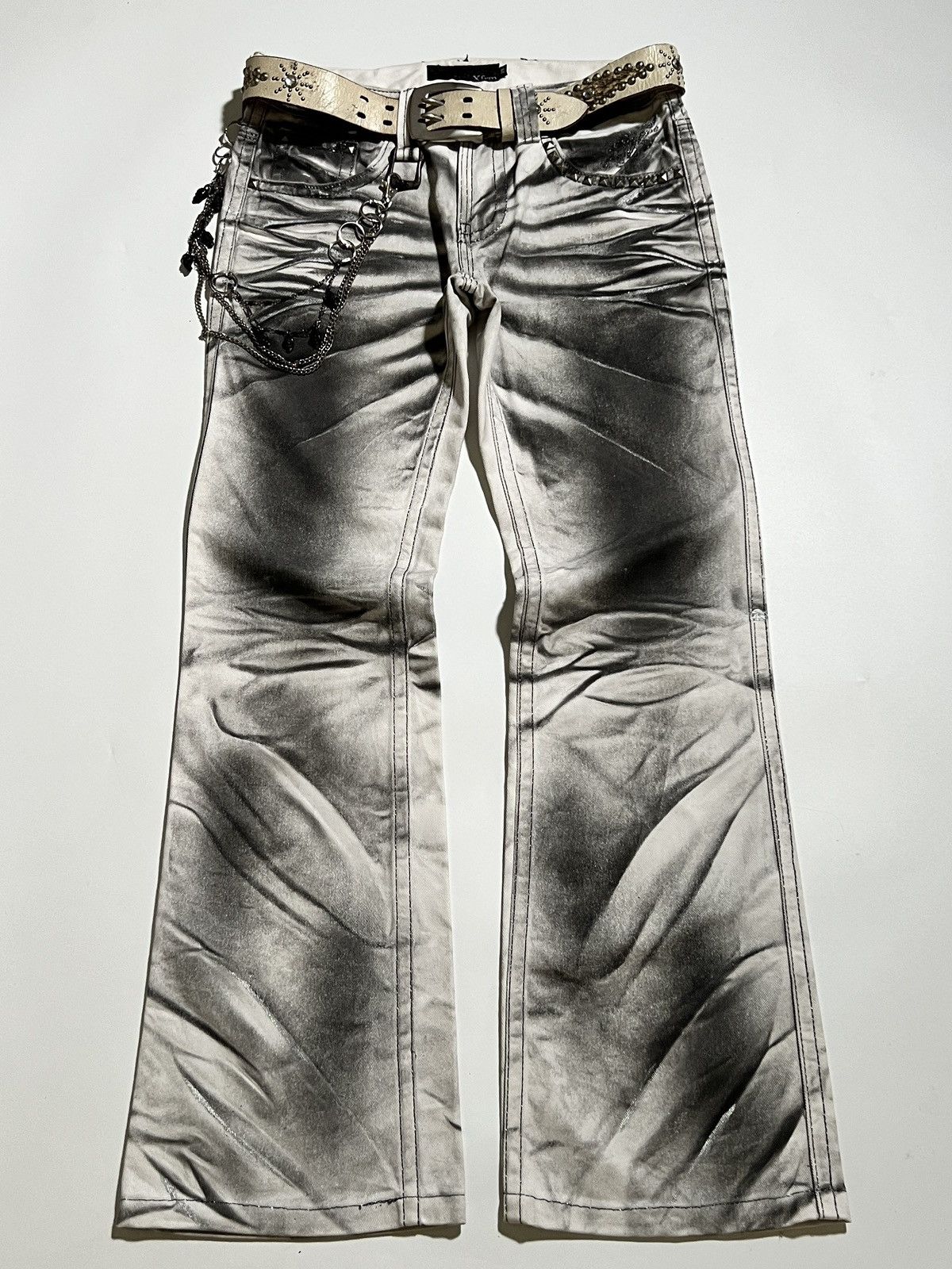Japanese Brand Xfrm Silver Glitter Waxed Bootcut Jeans Y2K Japanese Brand Size US 31 - 1 Thumbnail