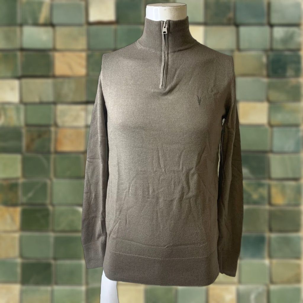VINTAGE ALLSAINTS Kilburn Zip Funnel Neck Ramskull Sweater MEN XS Bayleaf Taupe 1/4 Zip Wool Pullover