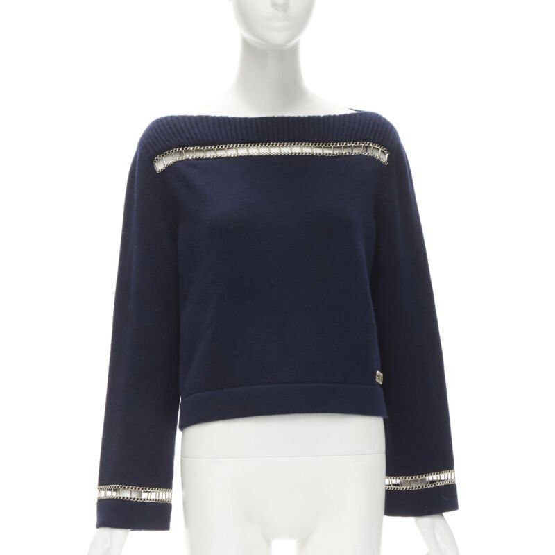 Chanel CHANEL 2020 Runway 100% cashmere navy gold chain trim boat neck sweater FR38 Size M / US 6-8 / IT 42-44 - 1 Thumbnail