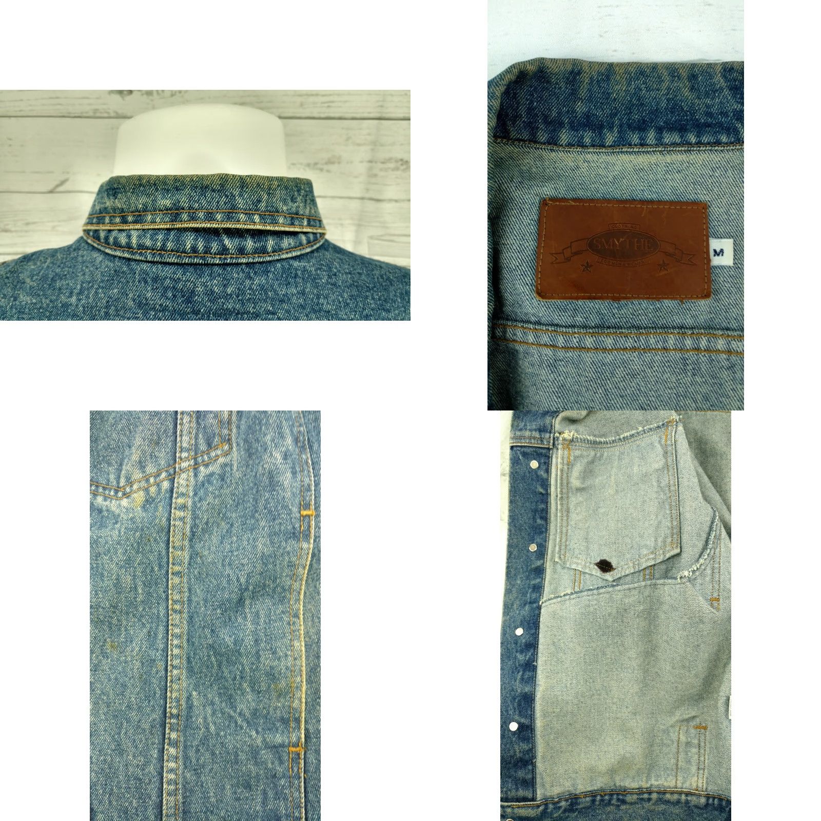 SMYTHE Smythe & Company Jean Jacket Trucker Blue Mens Size M Distressed Worn Stained Vintage? Size US 31 - 8 Thumbnail