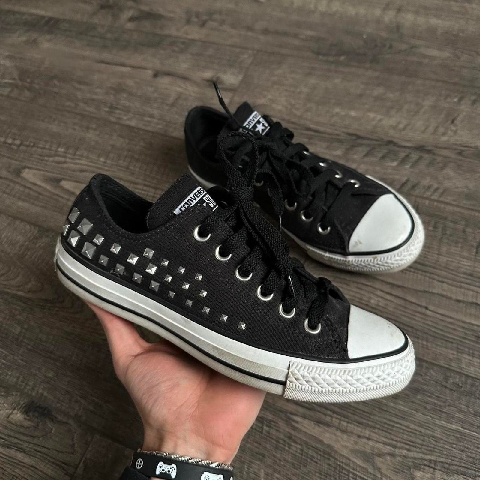 Converse × Vintage Rare Vintage Y2K Black Studded Silver Rockstar Converse Size US 7 / IT 37 - 1 Thumbnail