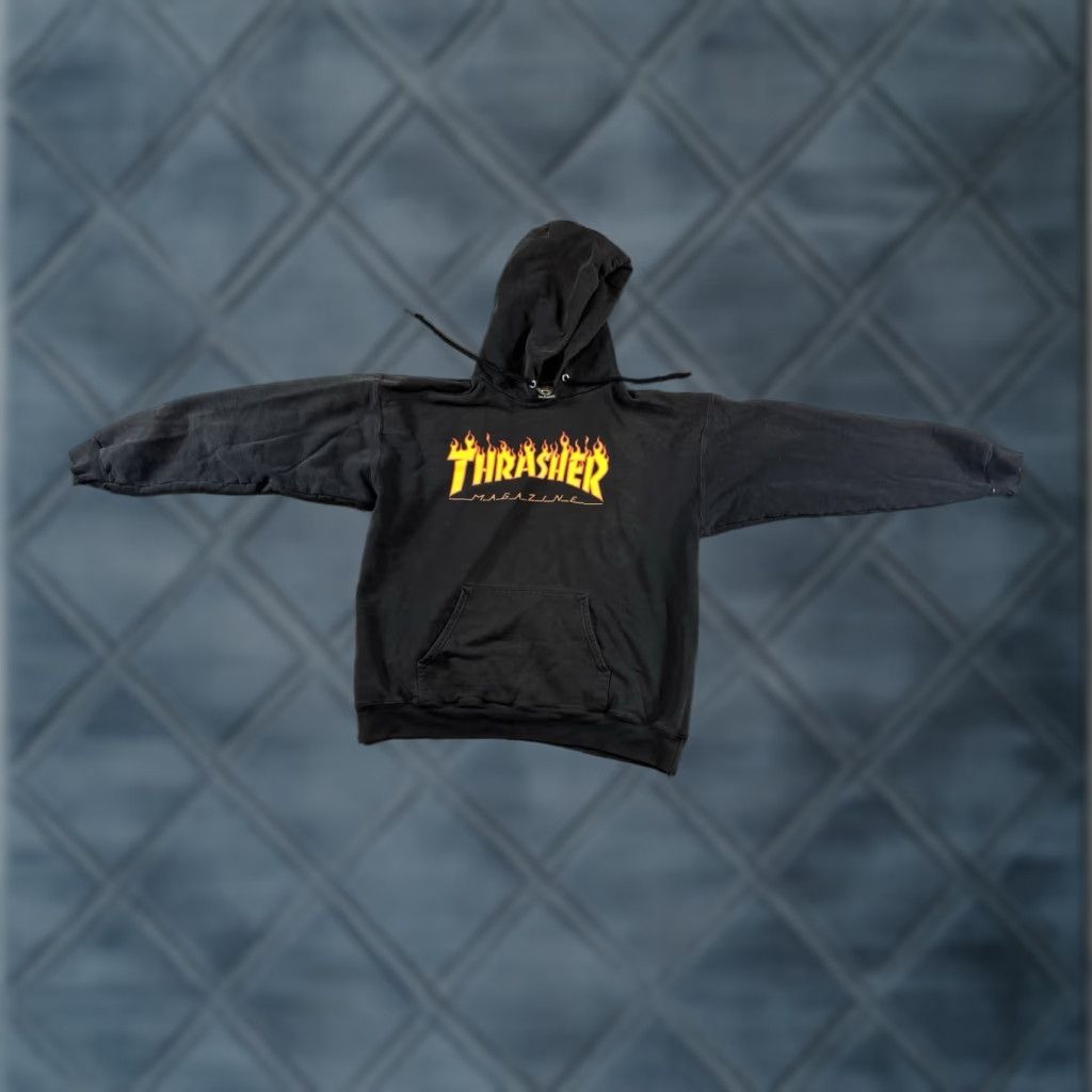 Thrasher VINTAGE Thrasher Hoodie Mens Distressed Flame Graphic Print 9s Grunge Black Yellow Red M Crew Neck Pullover Hooded Pockets Knit Cotton Size US M / EU 48-50 / 2 - 1 Thumbnail
