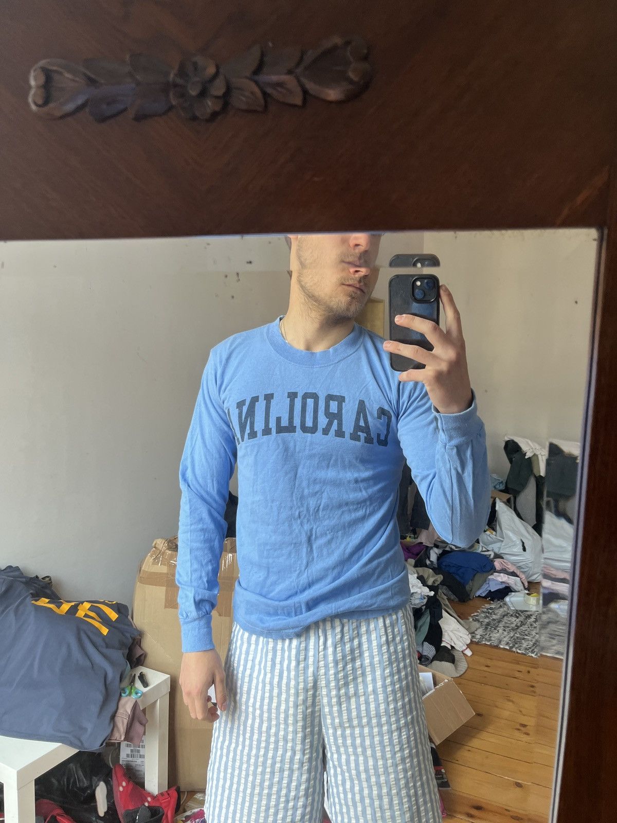 Gildan × Vintage Baby Blue North Caroline Longsleeve logo Size US S / EU 44-46 / 1 - 1 Thumbnail