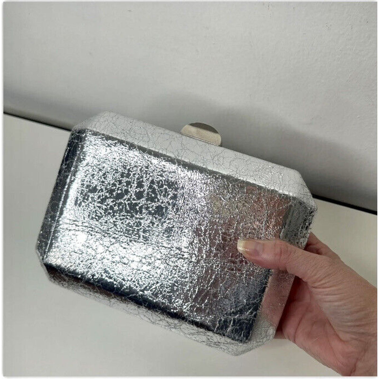 Lulu's Silver Metallic Box Snap Clutch Purse & Chain Strap, Women's