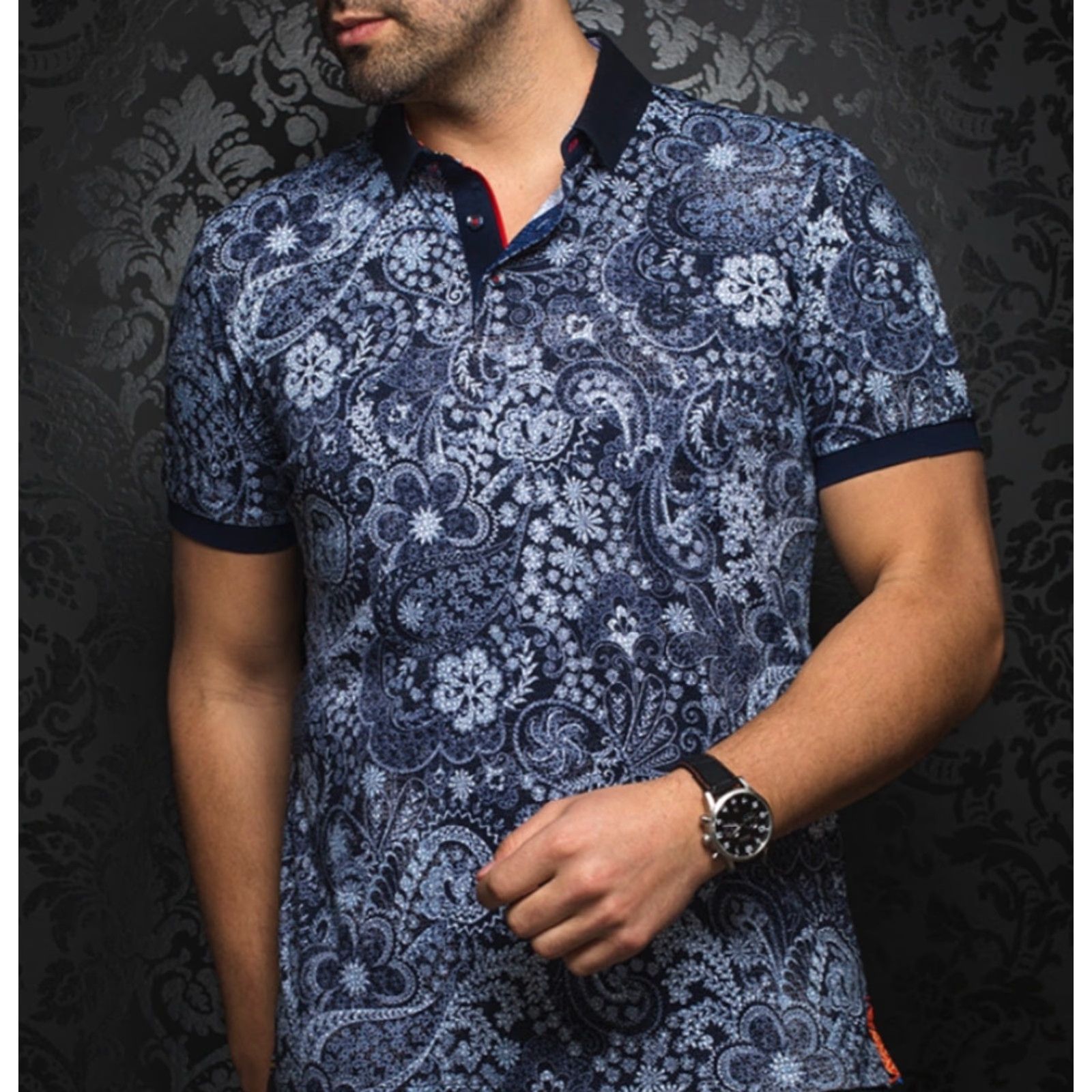 Au Noir VINTAGE Au Noir Polo Shirt Paisley Navy Cotton XL Mens Short Sleeve Collared Button Regular Size US XL / EU 56 / 4 - 2 Thumbnail