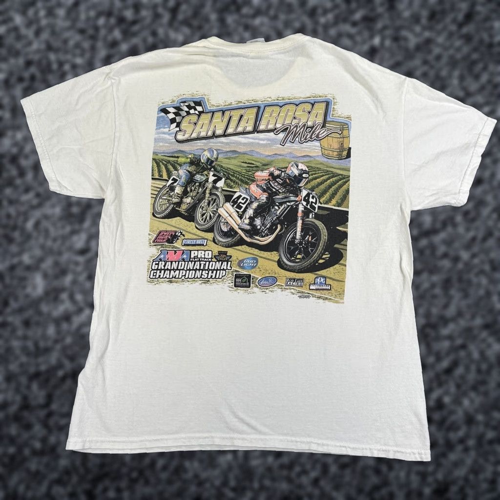Gildan Santa Rosa Mile Shirt Mens L White Gildan Heavy Cotton Graphic Tee Racing Motorcycle AMA Pro Flat Track Back Logo Front Chest Crew Neck Short Sleeve Size US L / EU 52-54 / 3 - 1 Thumbnail