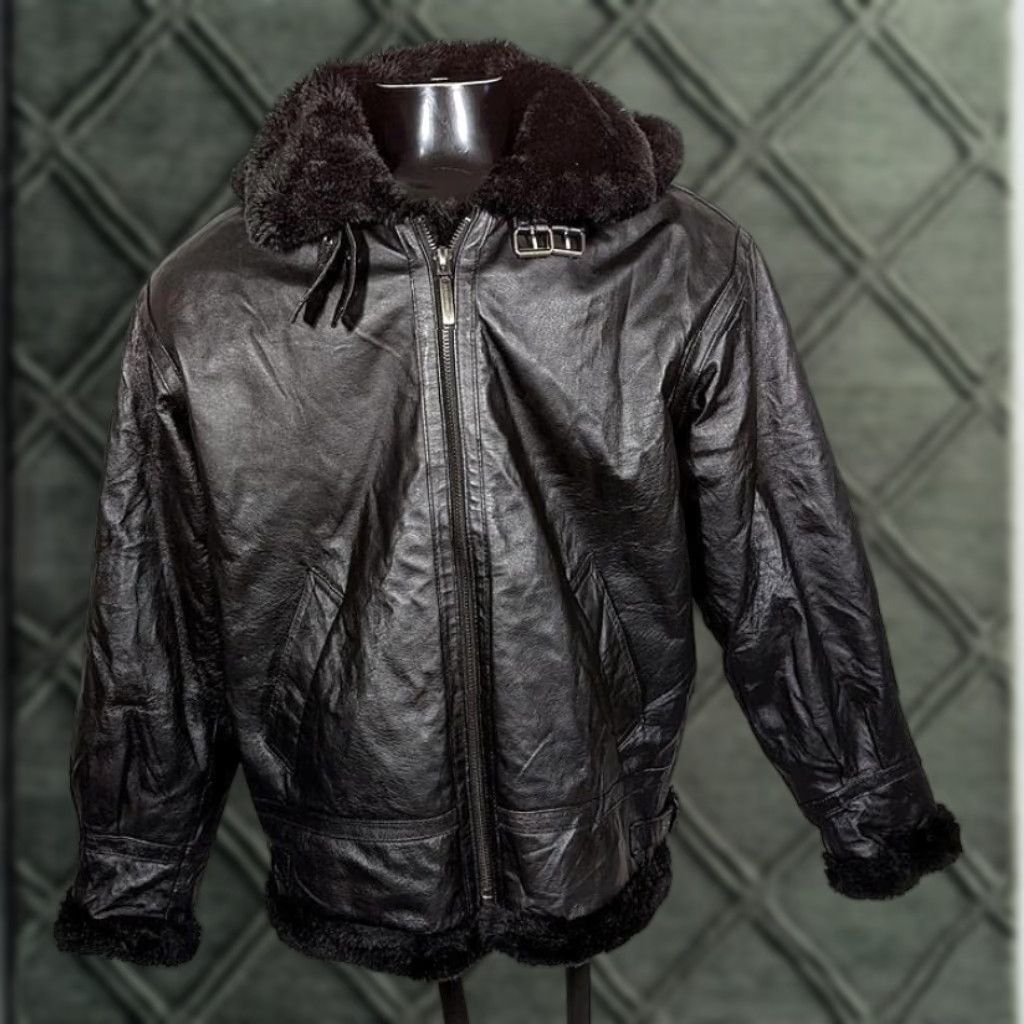 SERGIO BENINI Leather Bomber Jacket Mens Medium Black Hooded