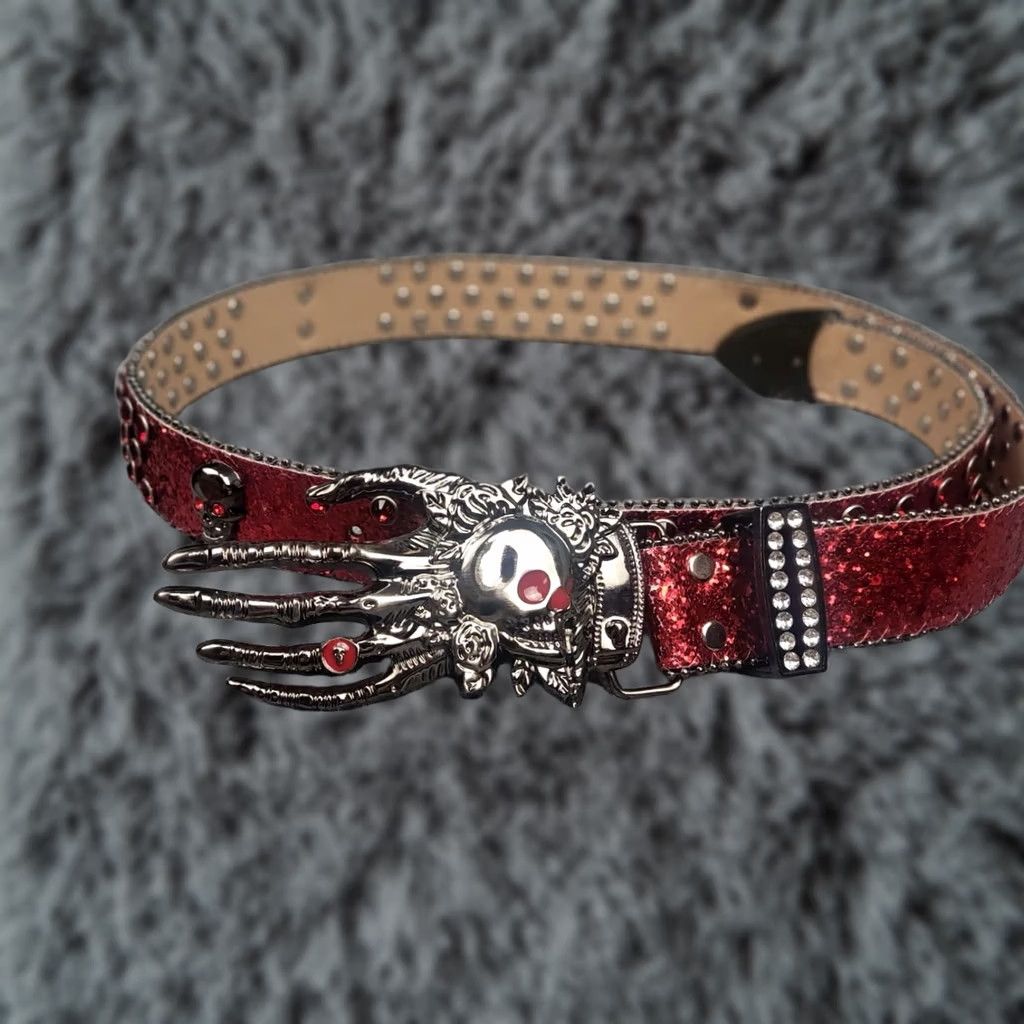 Vintage VINTAGE Punk Rock Western Belt Mens One Size Red Glitter Skull Hand Buckle Studded Leatherette Faux Leather Opium Y2K Style Size ONE SIZE - 1 Thumbnail