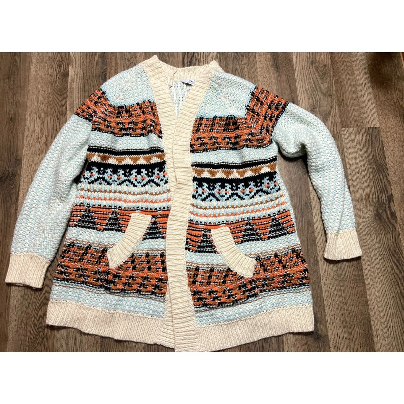 Vintage Tru Cloth Sweater Cardigan, Women's Size M, Ivory Cream Blue, Knit, Long Sleeve, Regular Fit, Solid Pattern, Fall Spring Summer, Women Size M / US 6-8 / IT 42-44 - 2 Thumbnail