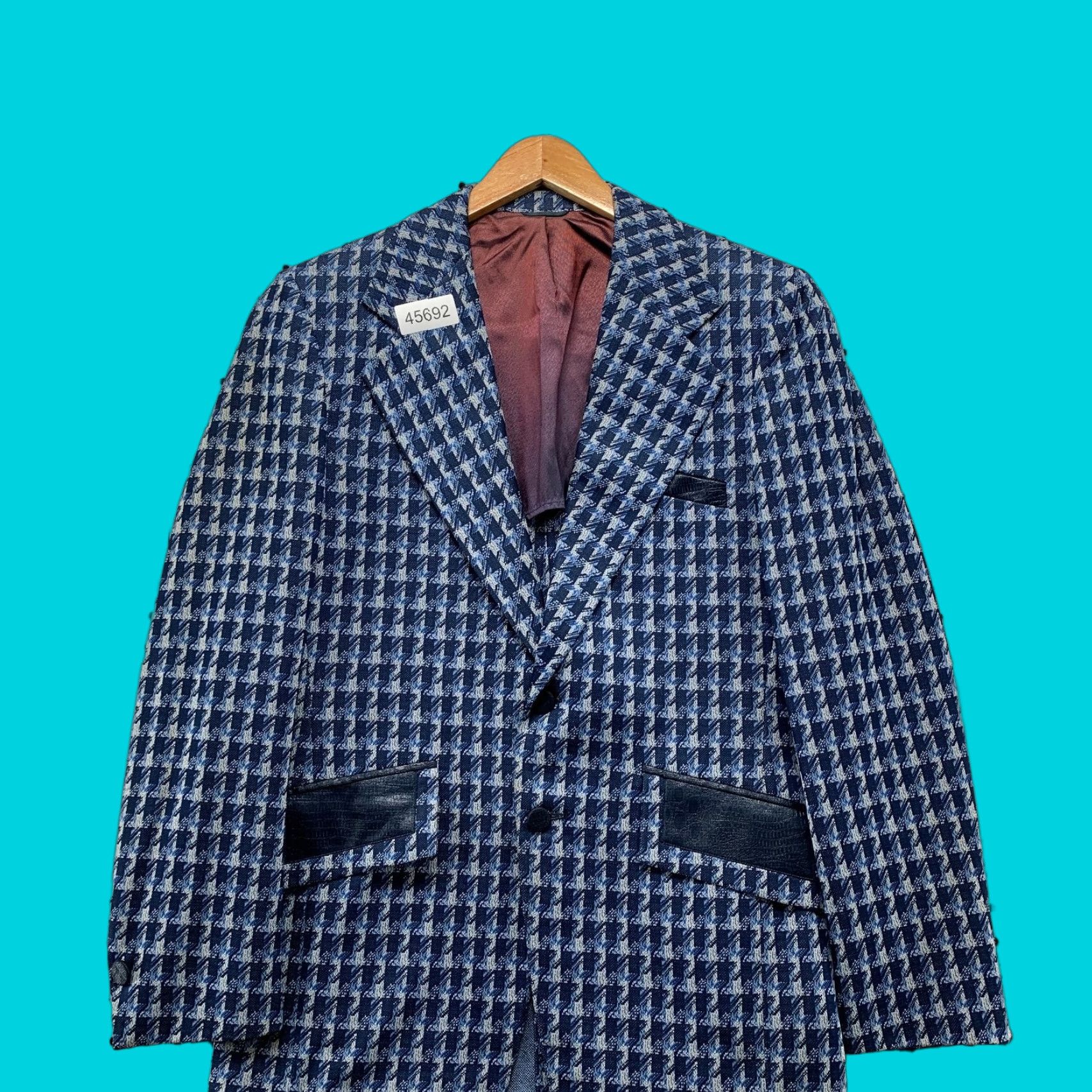 Vintage VINTAGE Blazer Men 36R Wool Linen Houndstooth Blue Two-Button Notch Lapel Made USA 60s 70s Corp 2 Piece Leather Trim Size 36R - 1 Thumbnail