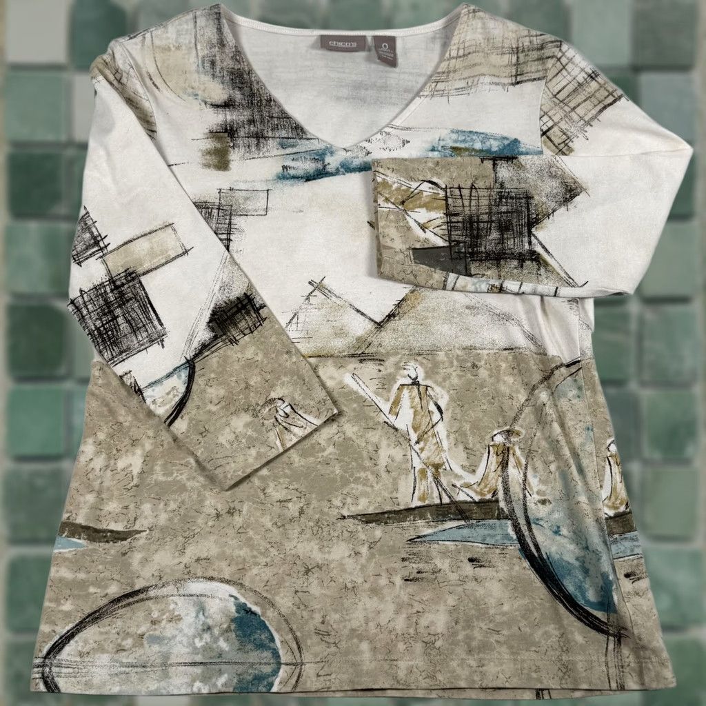 Vintage Chico's Shirt Womens 0 Top Small Beige Abstract Print V Neck 3/4 Sleeve Desert Earthy Neutral Vintage: No Size S / US 4 / IT 40 - 1 Thumbnail