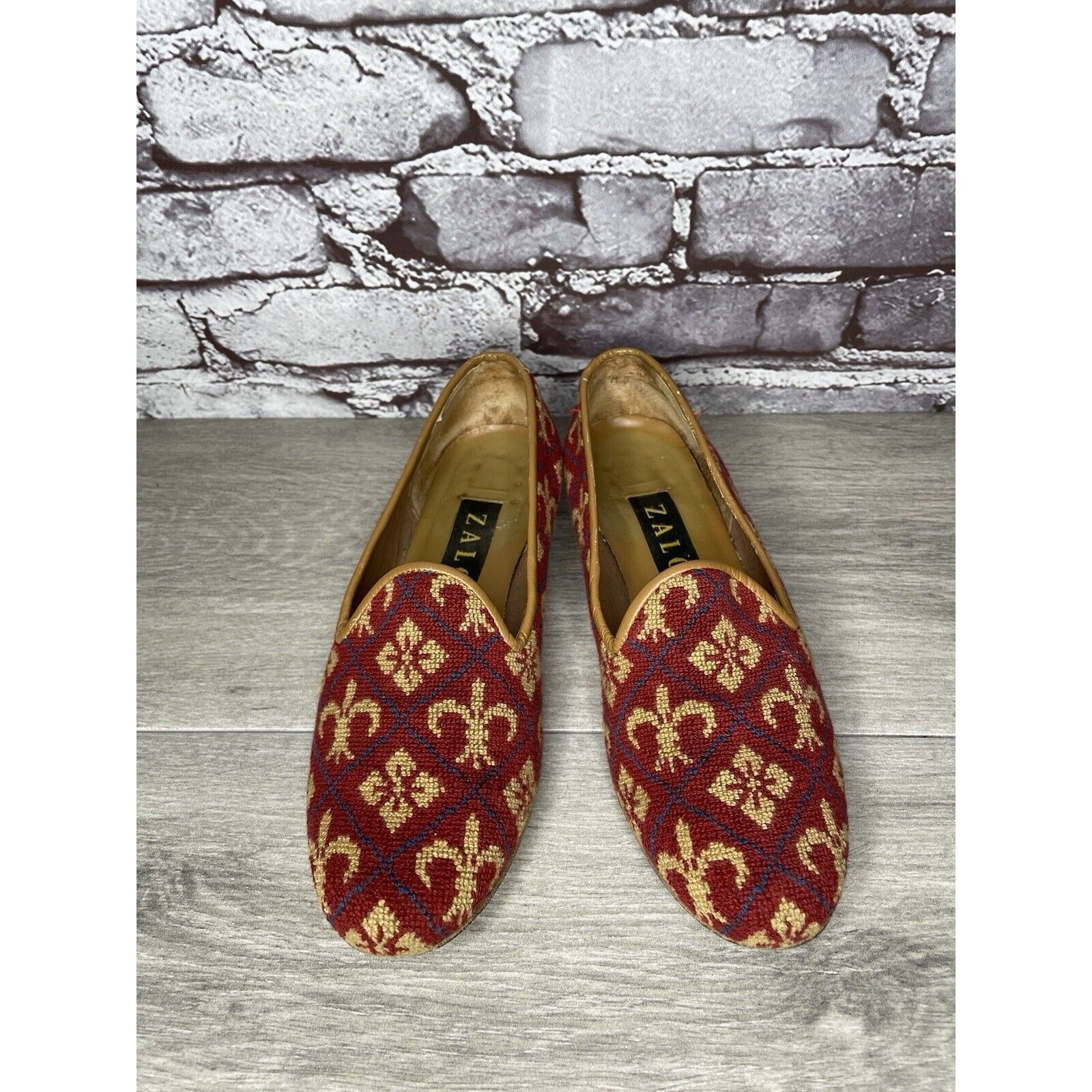 Other Zalo Red Fabric Gold Pattern Slip On Needle Loafers Shoes Wo Size US 7.5 / IT 37.5 - 23 Thumbnail