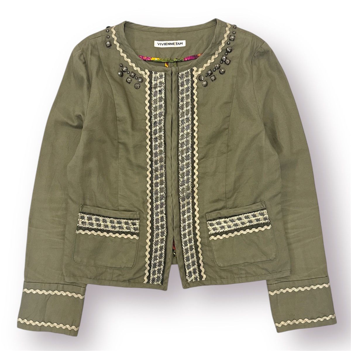 🔥 90s Vivienne Tam Olive Cropped Jacket Boho Beaded Designer
