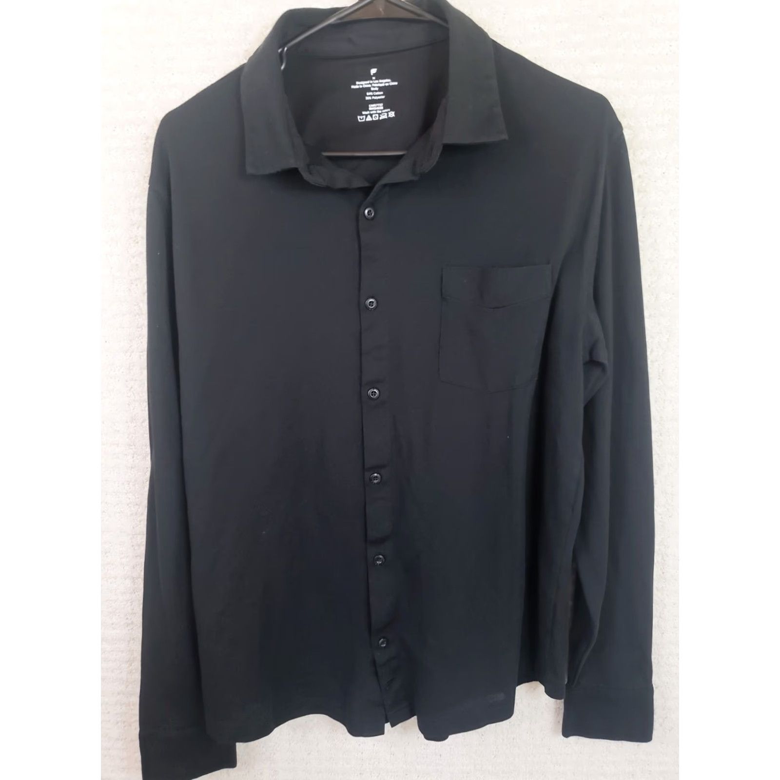 Fabletics Fabletics Button-Up Shirt Black Knit Cotton Blend Long Sleeve Collared Logo Pocket Casual Workwear Country China Men M Regular Width: N/A Size US M / EU 48-50 / 2 - 2 Thumbnail