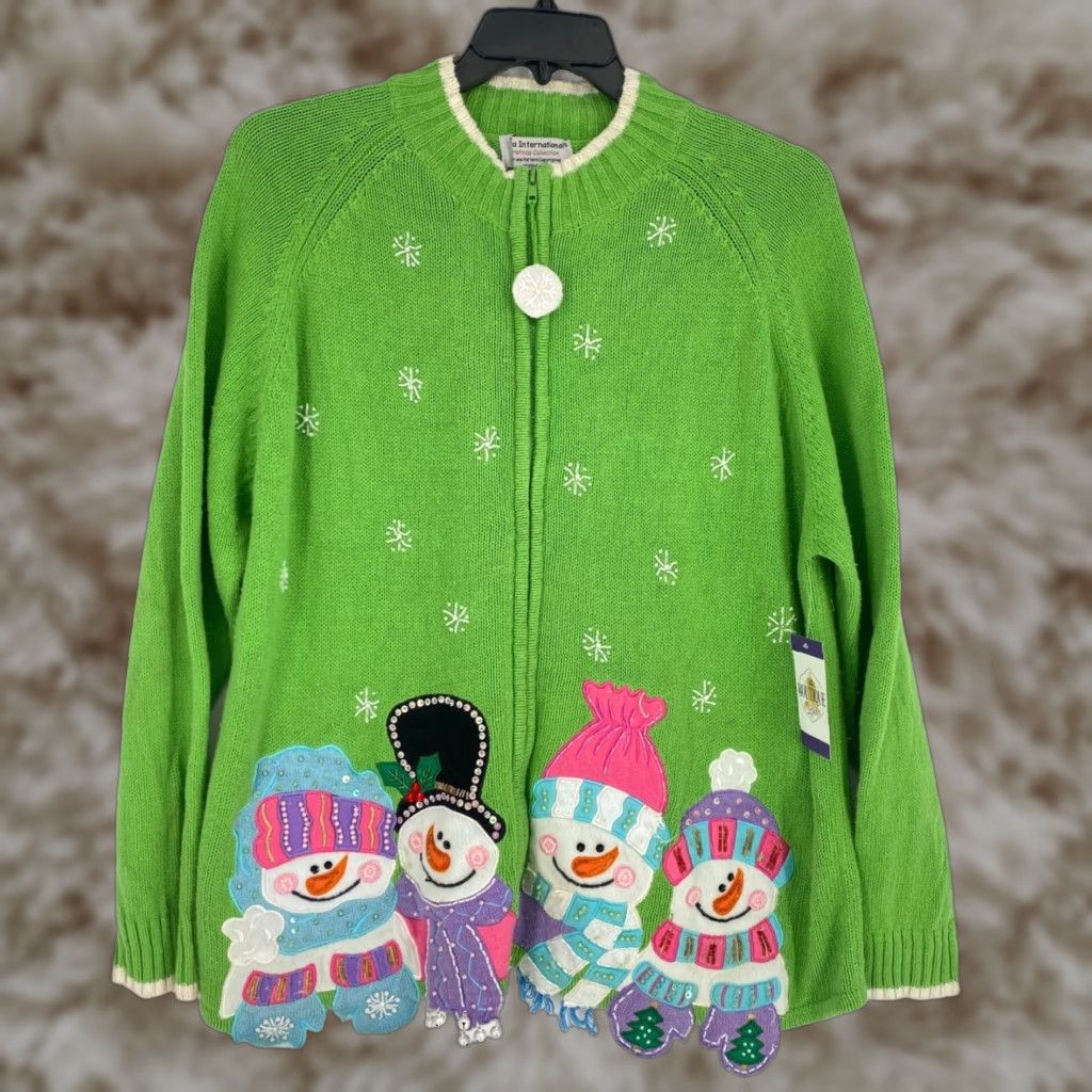 Pull De Noël Vintage Tiara - Rouge, Taille PL (Petite Large) - Motifs Bonhommes De Neige Pailletés - Fermeture Zip