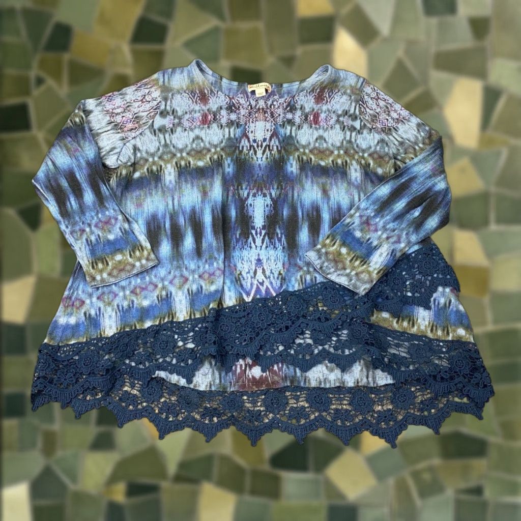 Vintage World Unity Shirt 1X Blue Bohemian Hippie Tie Dye Lace Geometric 3/4 Sleeve Round Neck Pullover Blouse Tunic Women Size XL / US 12-14 / IT 48-50 - 1 Thumbnail