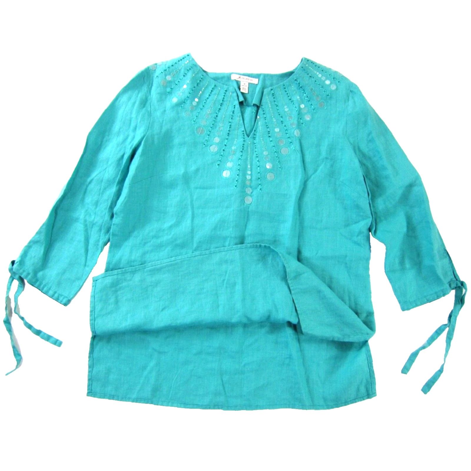 JM Collection JM Collection Beaded Teal Blue 100% Linen 3/4 Sleeve Tunic Blouse 10 Women Peasant Shirt Blouse Size L / US 10 / IT 46 - 4 Thumbnail