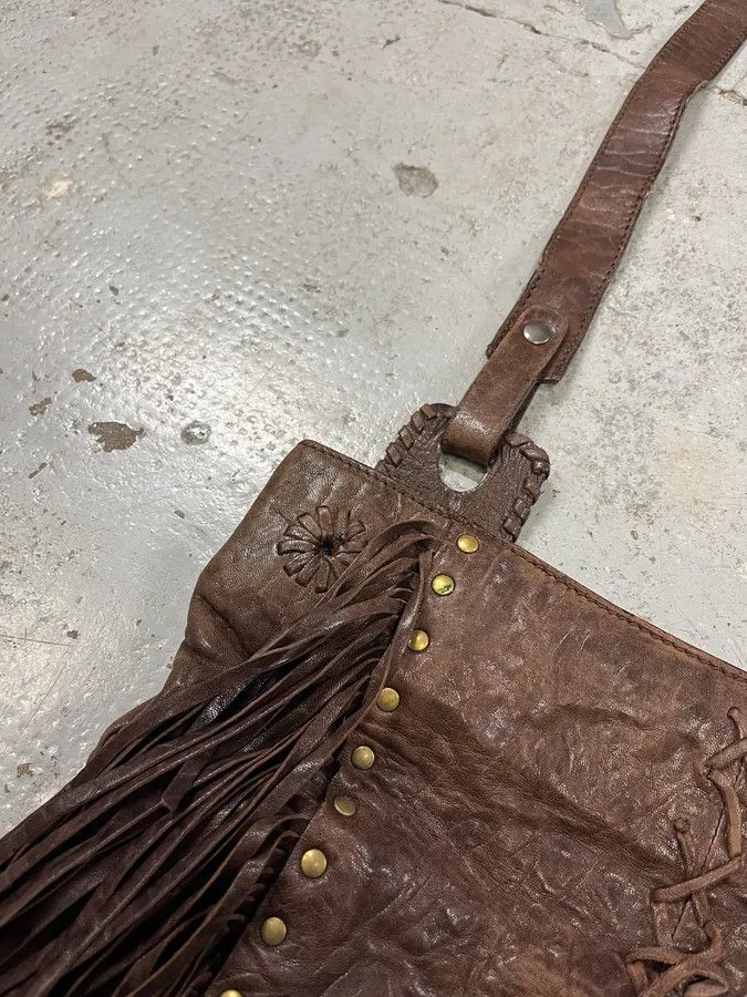 Designer × Roberto Cavalli × Vintage 2000s Roberto Cavalli Grain Brown Leather Fringe Shoulder Bag Size ONE SIZE - 5 Thumbnail