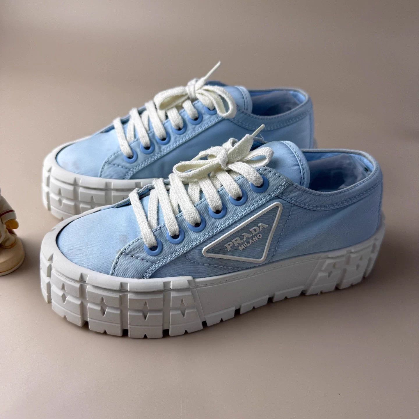 Prada Prada white/blue lace-up triangle sneakers 37 Size US 6 / IT 36 - 1 Thumbnail
