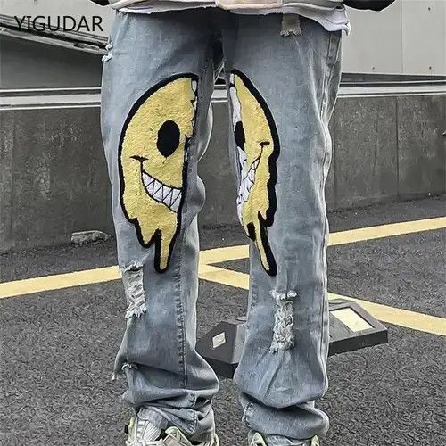 Designer × Japanese Brand Asymmetric ripped jeans holes baggy y2k K pop Harajuku Size US 30 / EU 46 - 1 Thumbnail