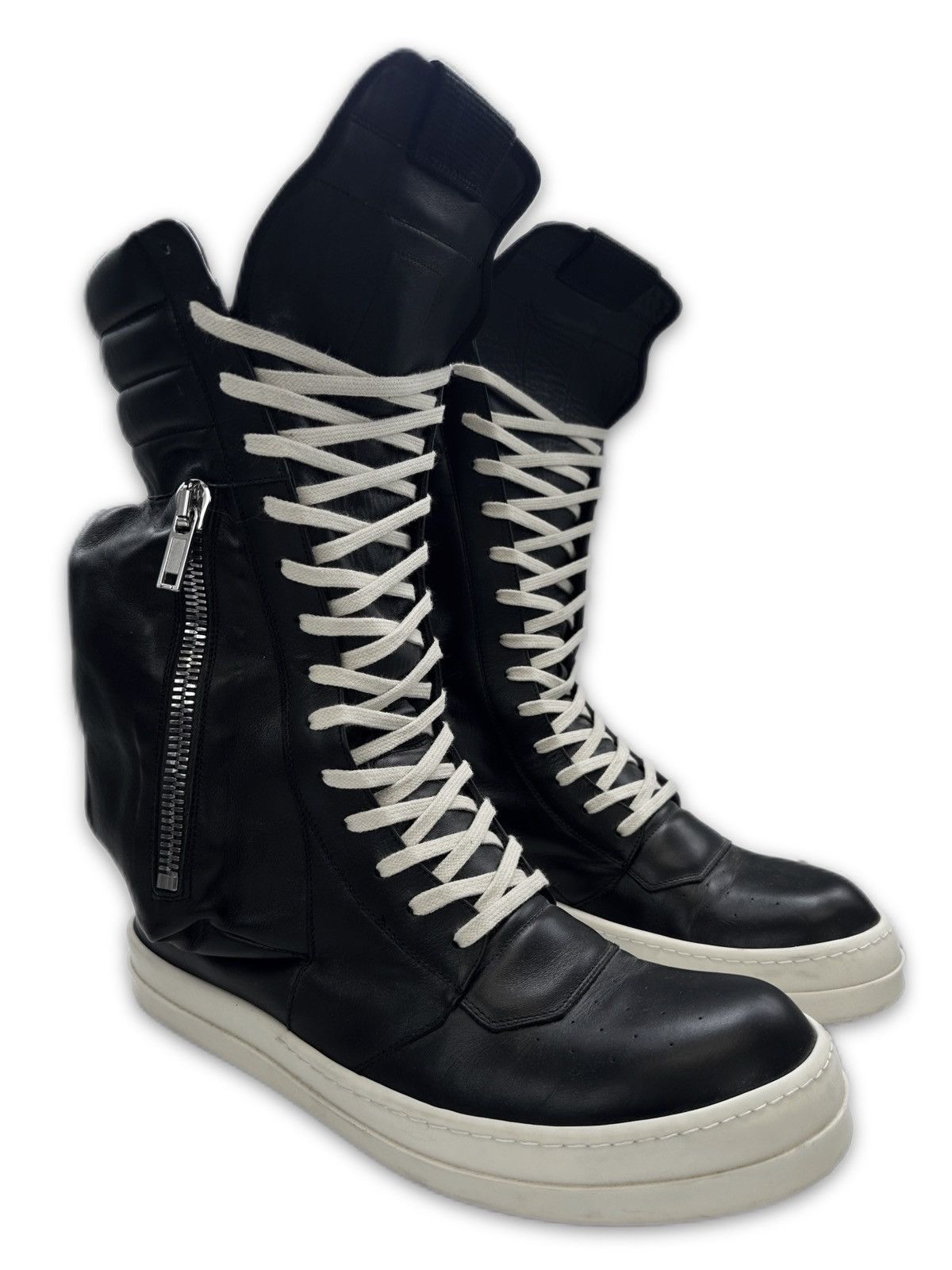 RICK OWENS 2010S RICK OWENS BLACK LEATHER ‘CARGOBASKET’ HI-TOP SNEAKERS