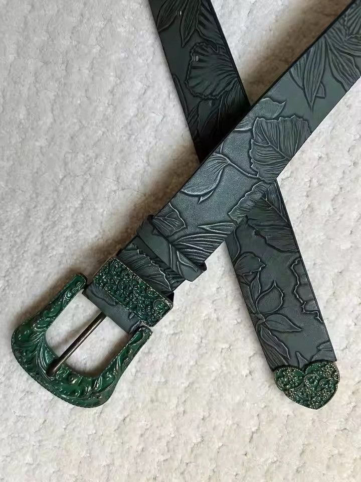 Japanese Brand Carved Leaf Pu Leather Belt 110 cm Size ONE SIZE - 8 Thumbnail