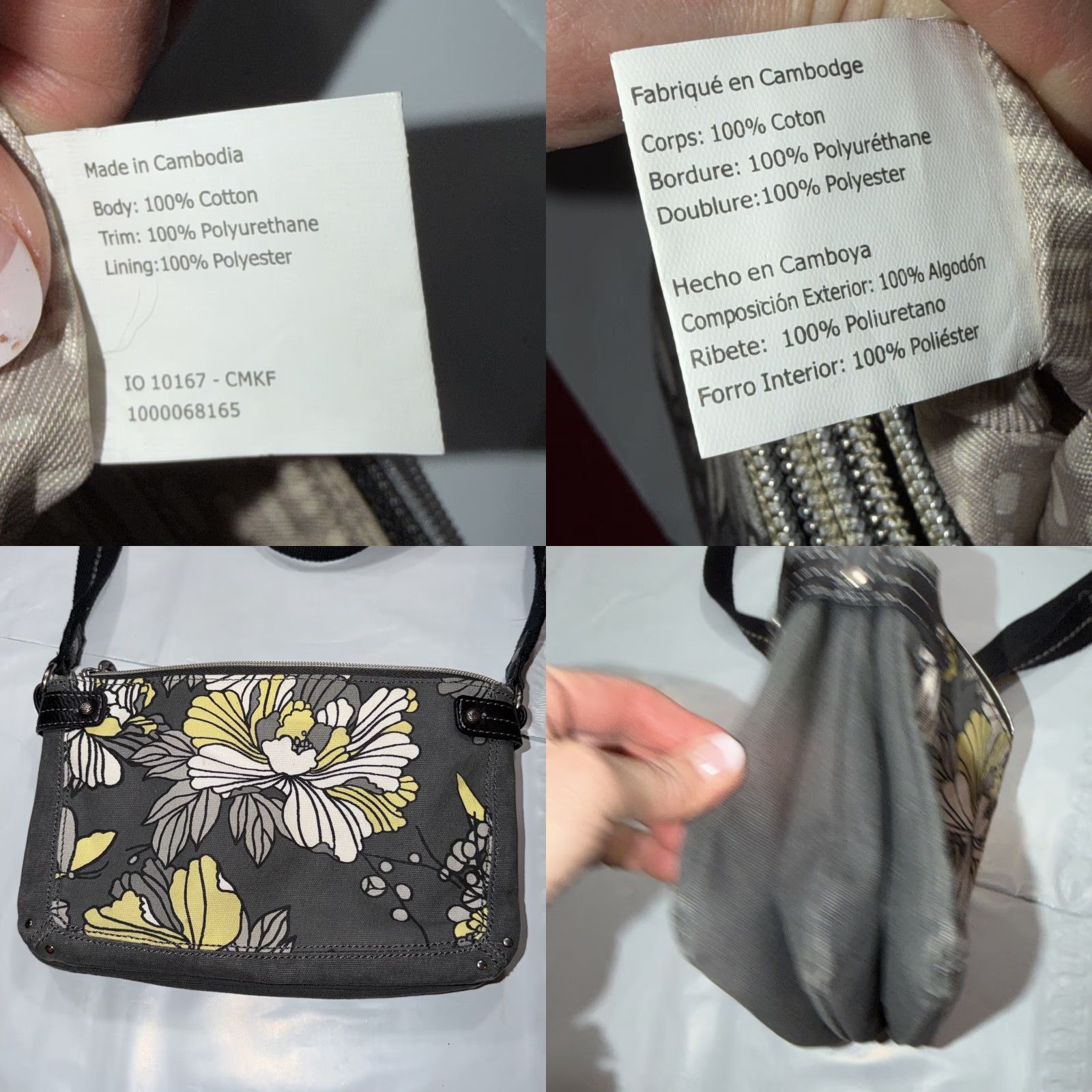 Vintage Sakroots Artist Circle Crossbody Purse Canvas Gray Yellow White Flower Blossom Floral Pattern, Zip, Adjustable Strap, Tote? Size ONE SIZE - 8 Thumbnail