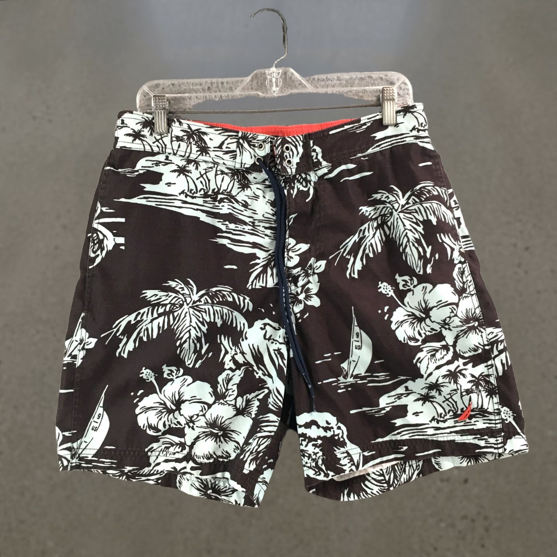 Nautica Nautica Shorts Mens M Brown Mint Tropical Swim Board Shorts Drawstring Elastic Mens Size US 31 - 1 Thumbnail