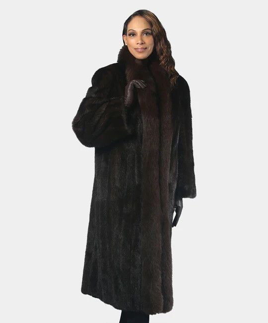 image of Women's Natural Mahogany Mink Fur Coat With Fox Tuxedo Front