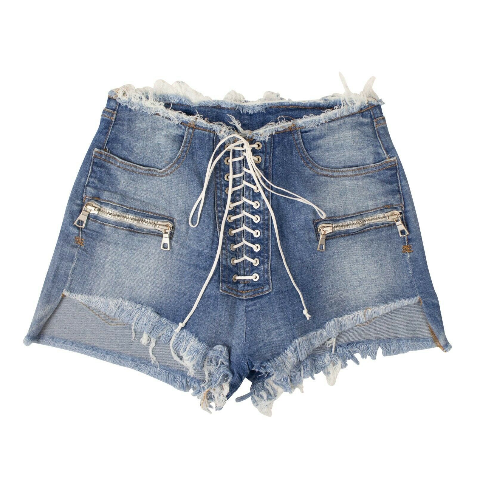 image of Unravel Project Denim Lace-Up Shorts Size 24, Women's