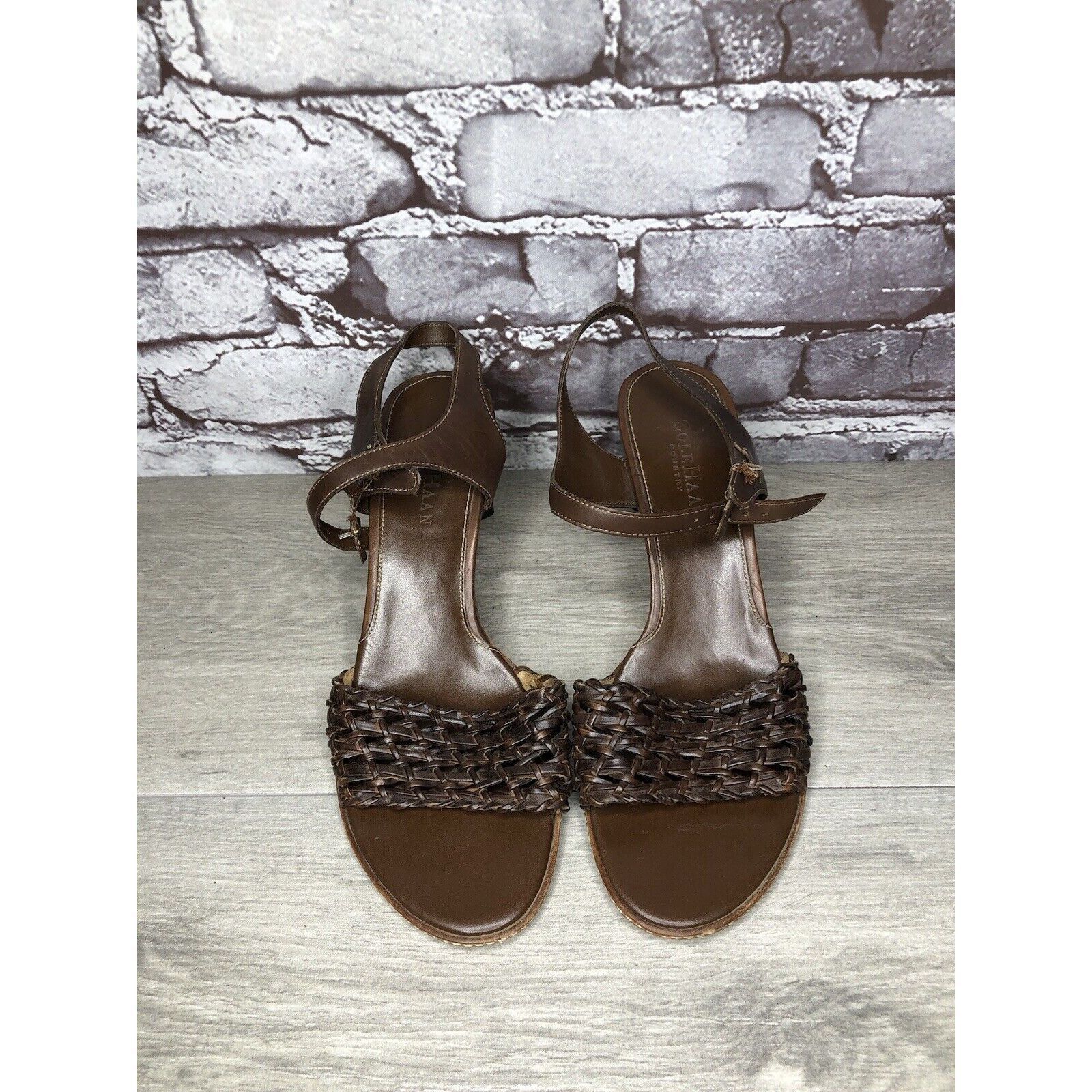Cole Haan Cole Haan Brown Leather Woven Heel AnkleStrap Sandals Women Size US 7.5 / IT 37.5 - 2 Thumbnail