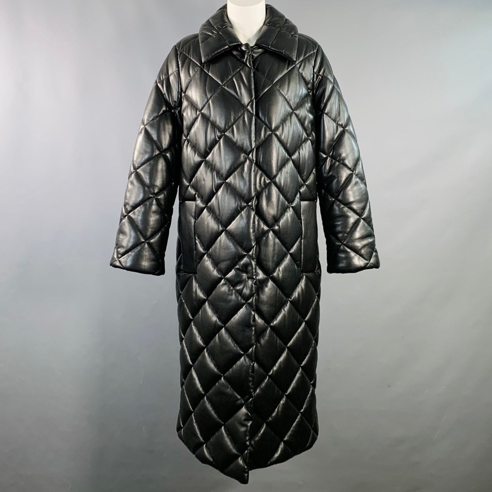 Size S Dorothea Black Faux Leather Quilted Snaps Coat