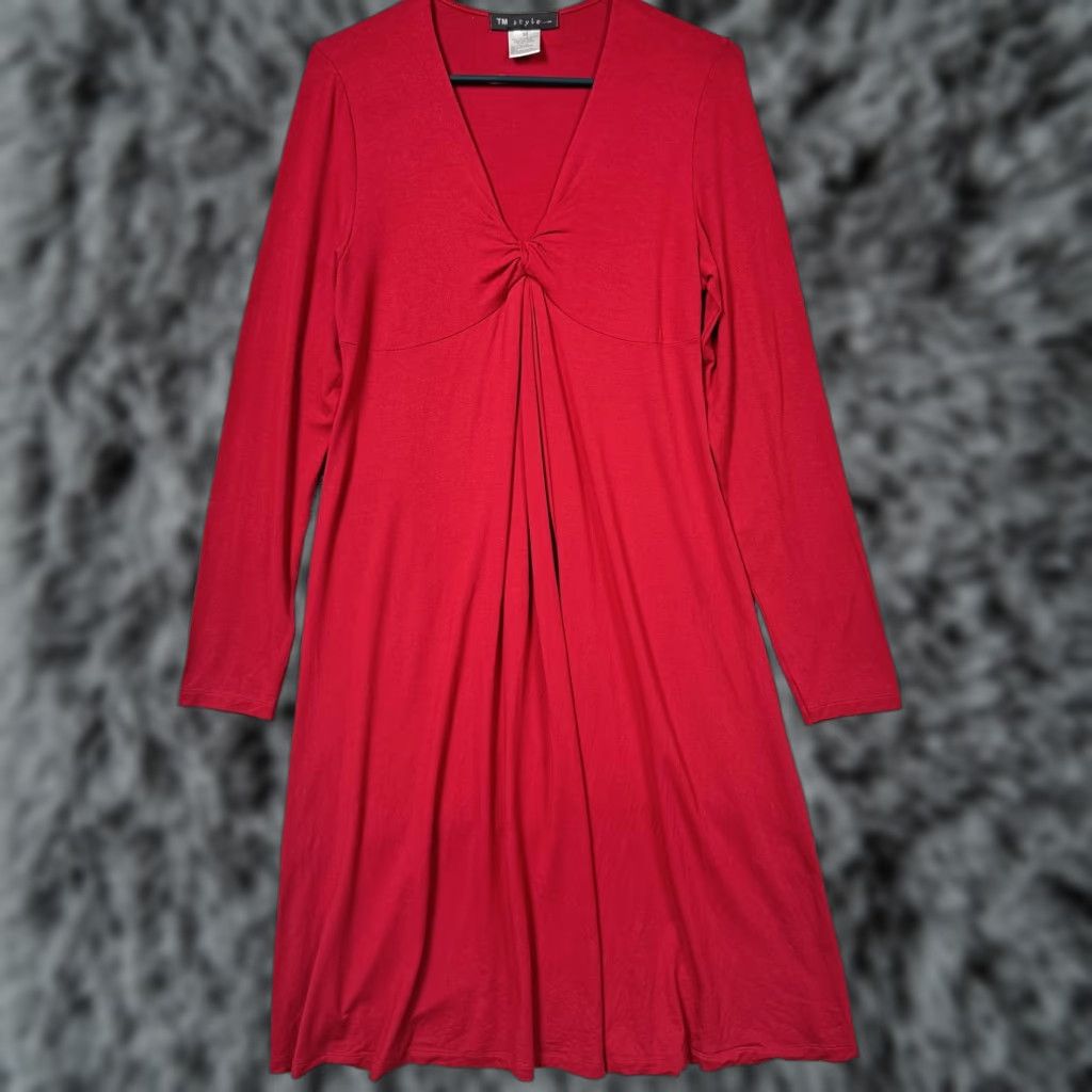 Vintage VINTAGE TM style.... Dress M Red Midi V-Neck Empire Waist Trapeze Swing Long Sleeve Solid Jersey Knit Women Vintage 90s? Size M / US 6-8 / IT 42-44 - 1 Thumbnail